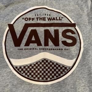 Grey Vans hoodie with checkerboard and mustache logo. Kid’s size small